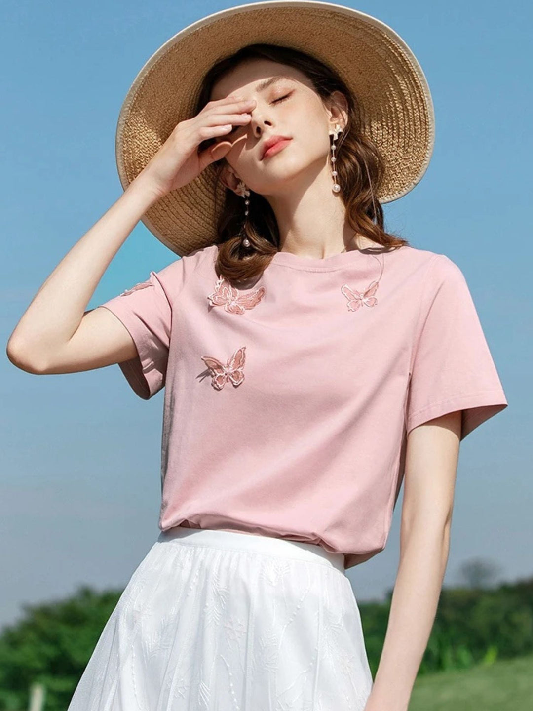 Women's Summer T-Shirt with Butterfly Embroidery in Pink | Invictora.com