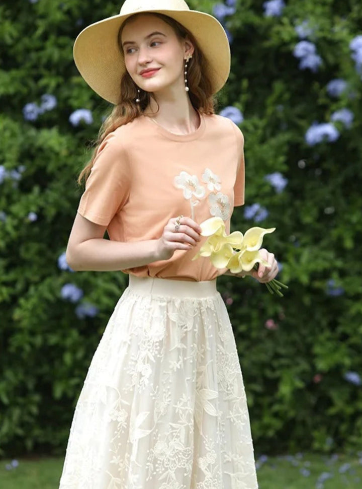 Women's Embroidered Lace Midi Skirt in White | Invictora.com