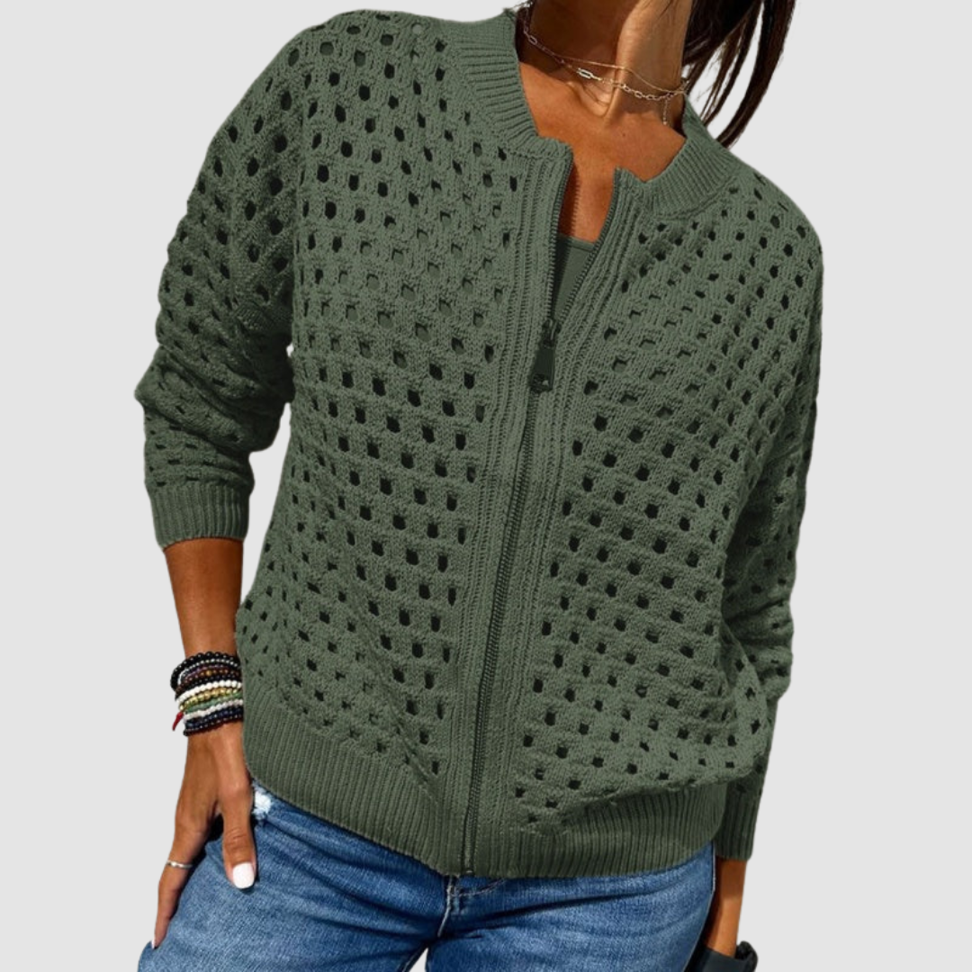 Women's Cardigan – Relaxed Fit Crochet Knit Zip