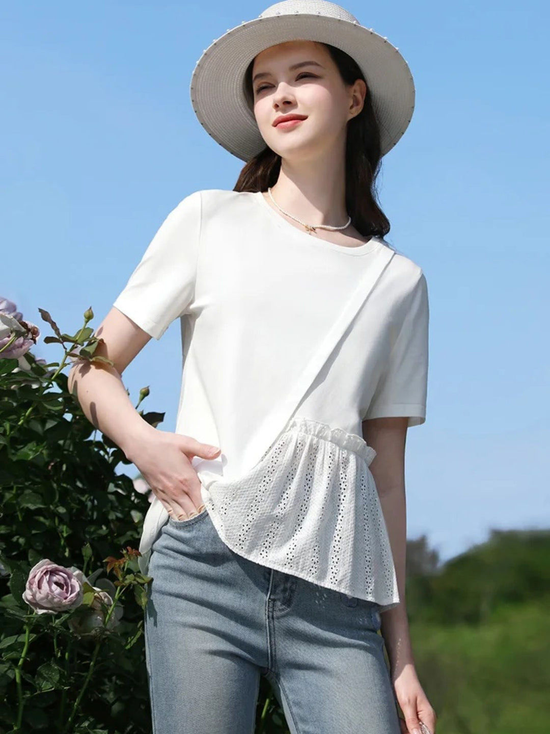 Women's Pleated T-Shirt with Eyelet Details in White | Invictora.com