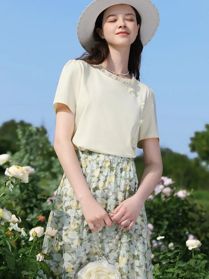 Women's Floral Chiffon Midi Skirt in Green | Invictora.com