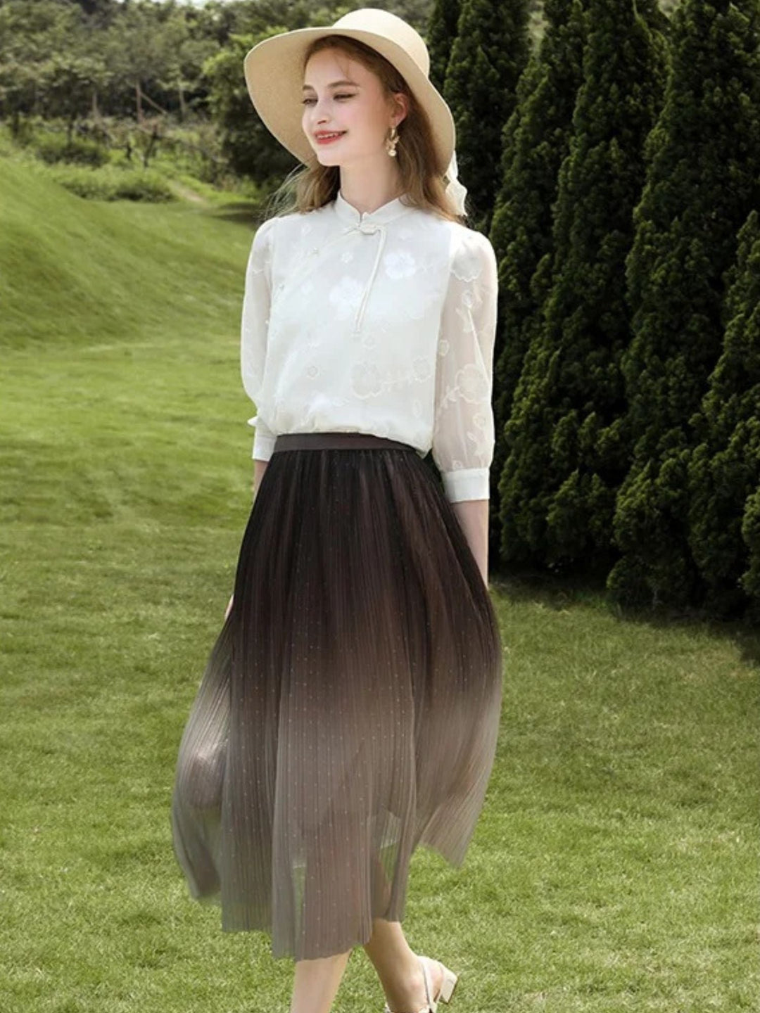 Women's Ombre Tulle Midi Skirt in Brown | Invictora.com