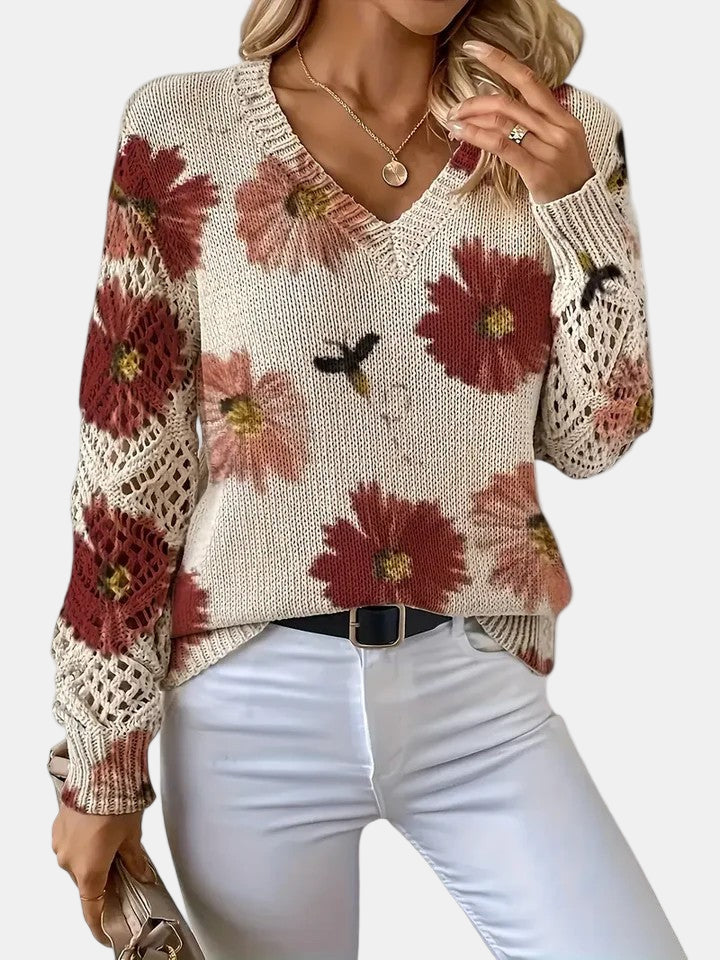 Women's Jumper – Floral Knit V-Neck