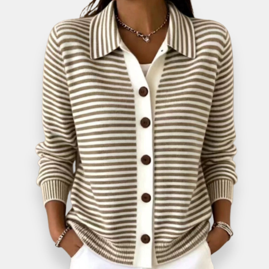Women's Collared Stripe Knit Button-Up Cardigan