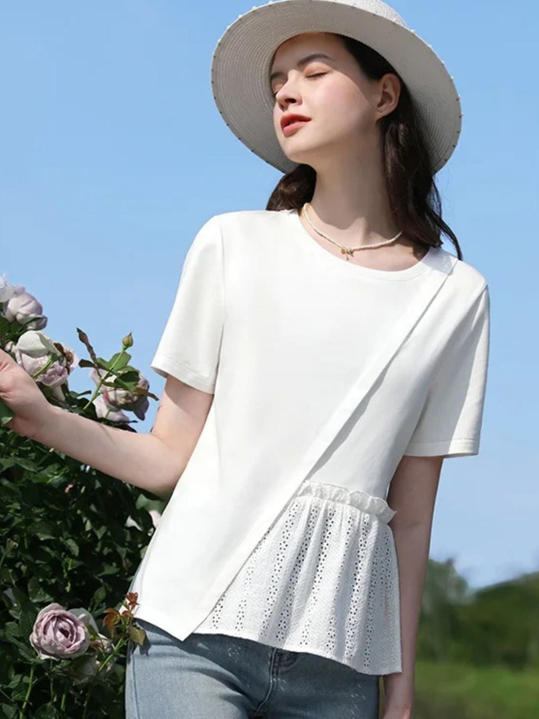 Women's Pleated T-Shirt with Eyelet Details in White | Invictora.com