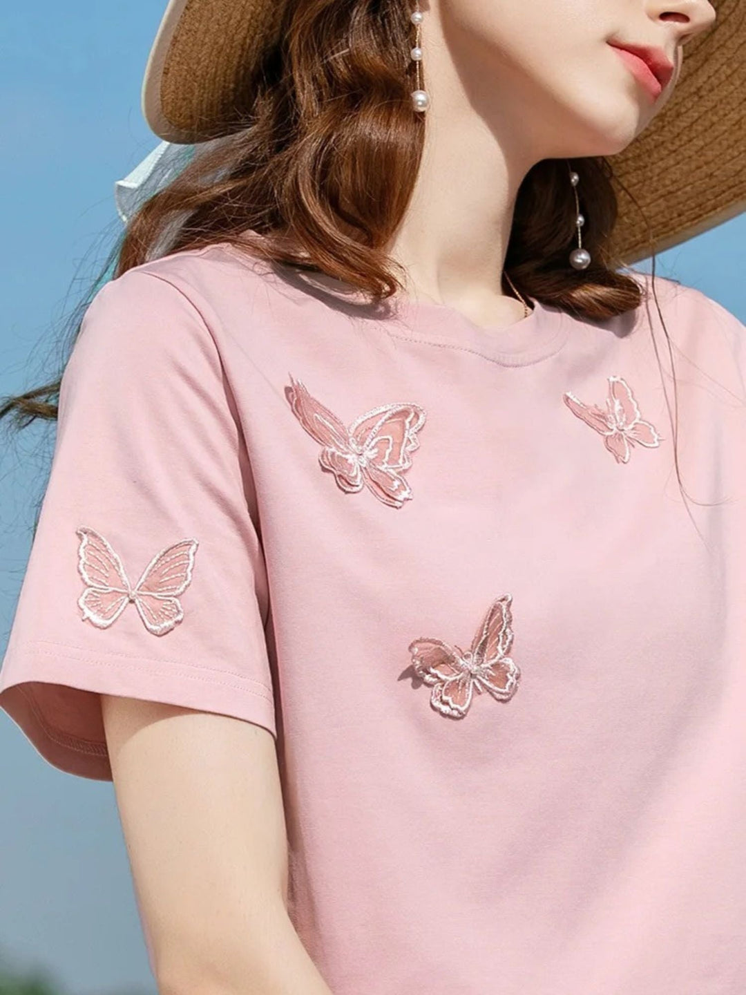 Women's Summer T-Shirt with Butterfly Embroidery in Pink | Invictora.com