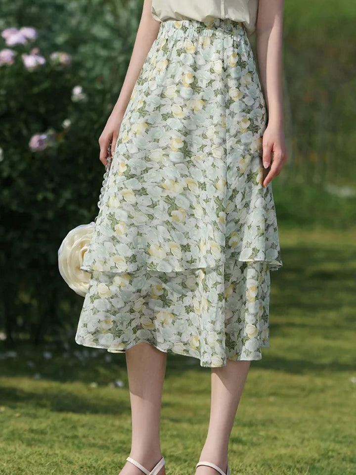 Women's Floral Chiffon Midi Skirt in Green | Invictora.com