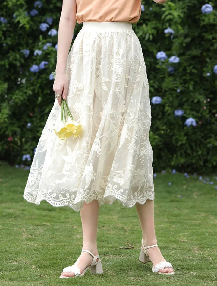 Women's Embroidered Lace Midi Skirt in White | Invictora.com
