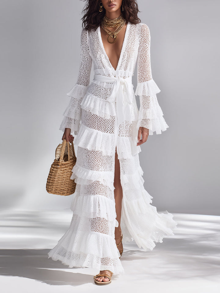 Women's Ruffled V-Neck Crochet Cardigan with Inner Tank Top