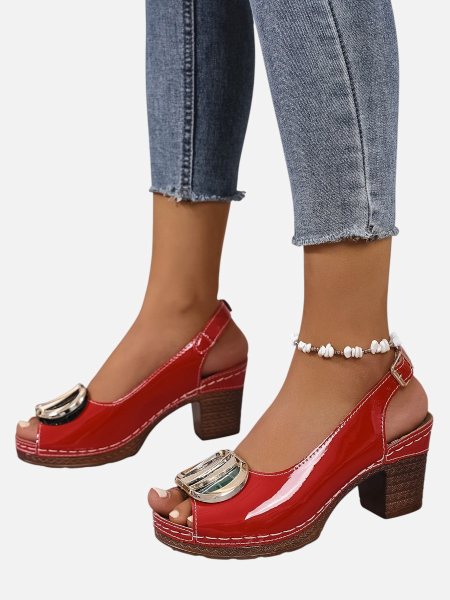 Women's Comfort Strap Heels - Glossy Leather Look Style product image | Invictora.com