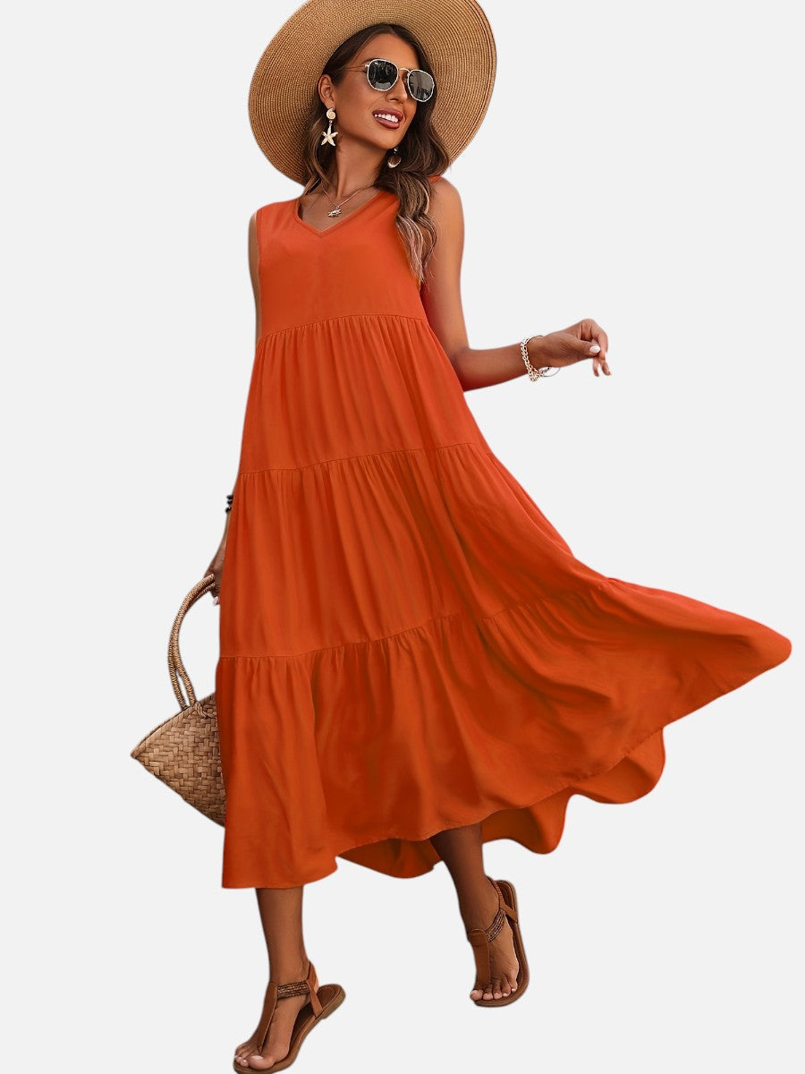 Women's V-Neck Tiered Maxi Dress – Effortless Summer Elegance in Black | Invictora.com