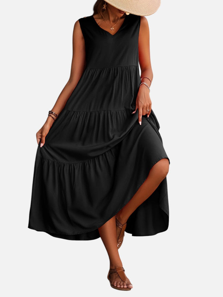 Women's V-Neck Tiered Maxi Dress – Effortless Summer Elegance in Red | Invictora.com