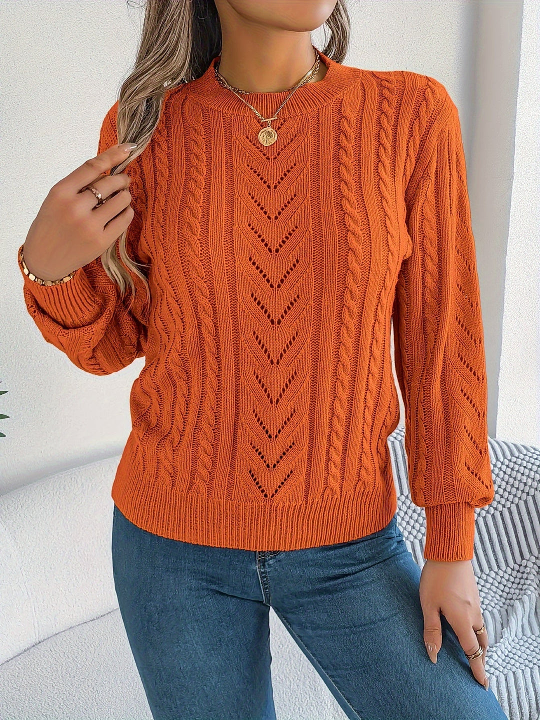Women's Jumper – Textured Openwork Crew Neck Knit