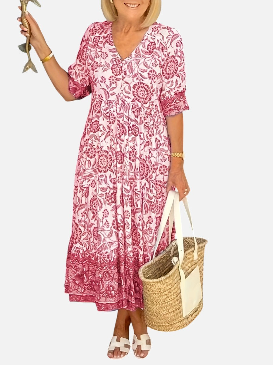 Women's Floral V-Neck Midi Dress - Relaxed Summer Elegance product image | Invictora.com