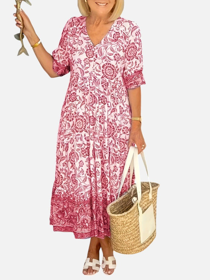 Women's Floral V-Neck Midi Dress - Relaxed Summer Elegance product image | Invictora.com