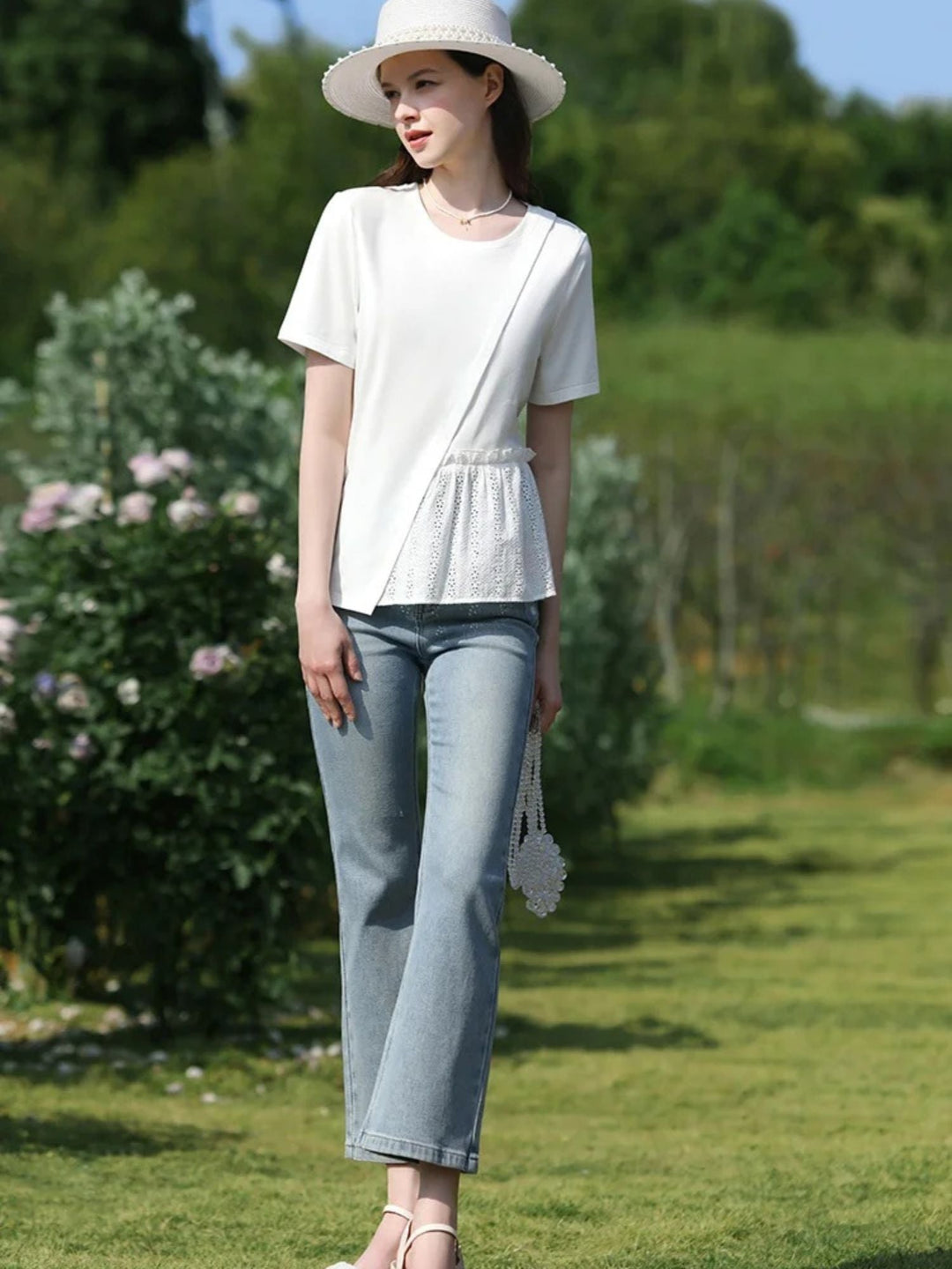 Women's Pleated T-Shirt with Eyelet Details in White | Invictora.com
