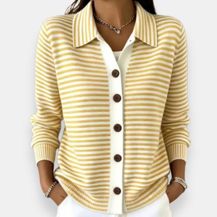 Women's Collared Stripe Knit Button-Up Cardigan