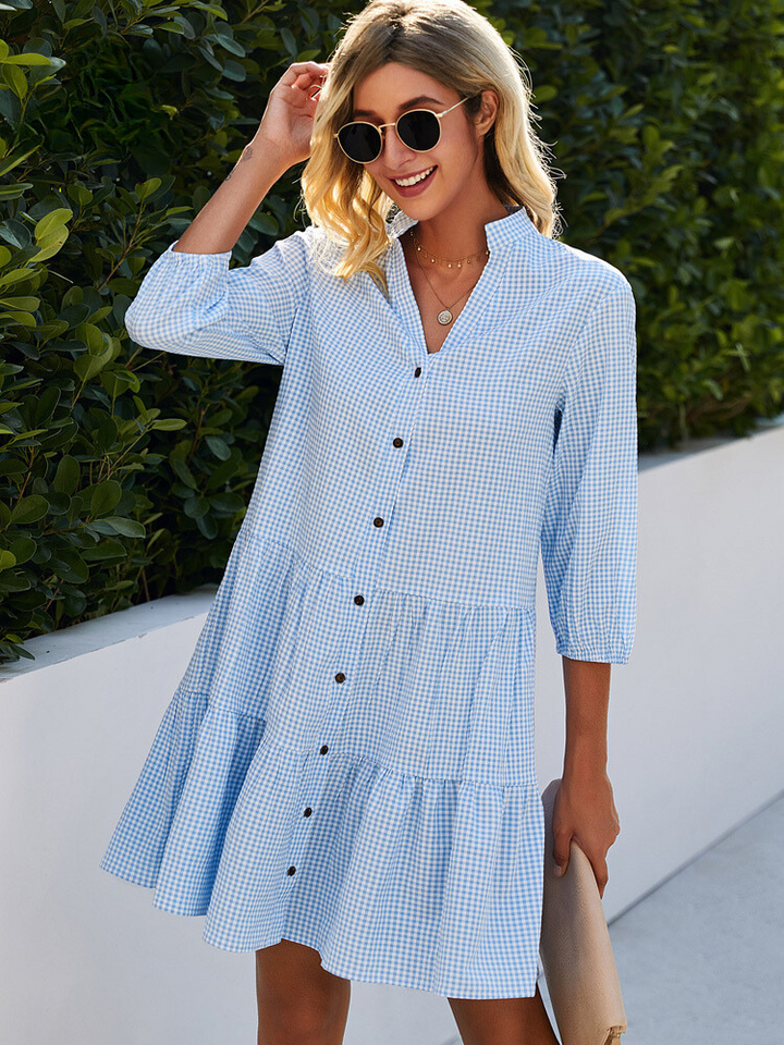 Women's High-Neck Checked Cardigan Midi Dress