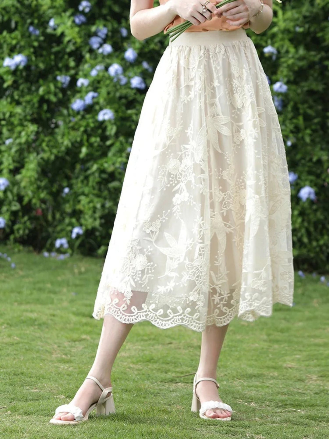 Women's Embroidered Lace Midi Skirt in White | Invictora.com