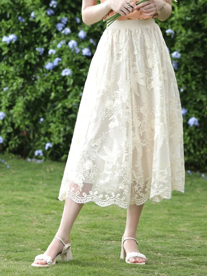 Women's Embroidered Lace Midi Skirt in White | Invictora.com