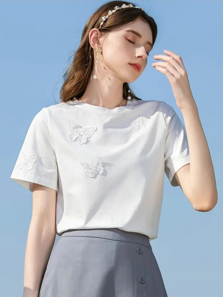 Women's Summer T-Shirt with Butterfly Embroidery in Pink | Invictora.com