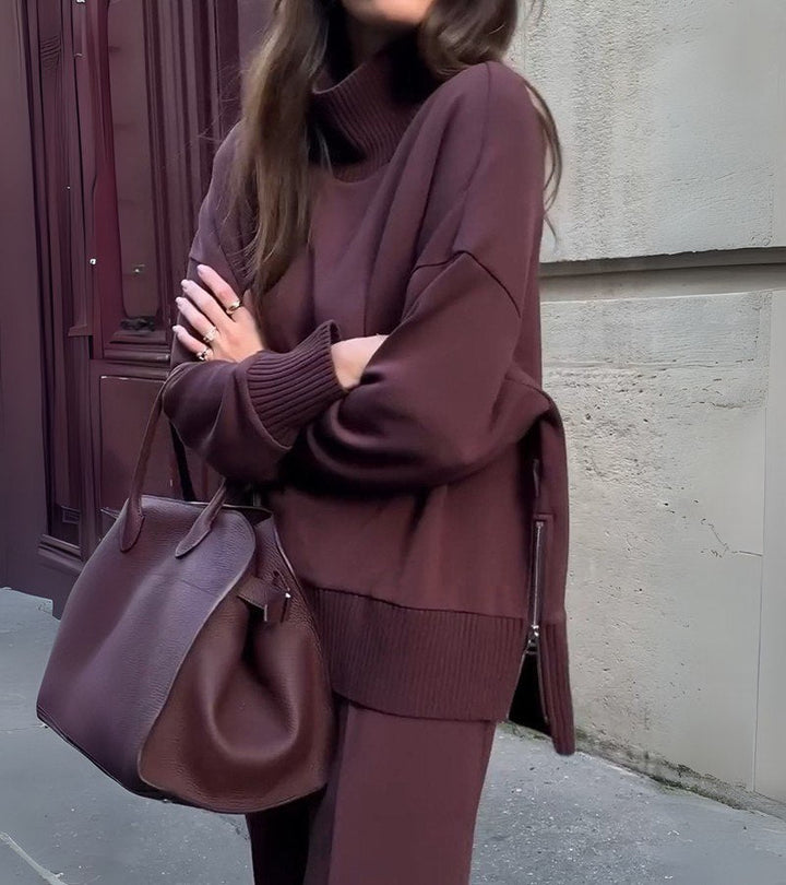 Women's Elowen – Two-Piece Knit Set in Deep Burgundy Brown in Red | Invictora.com