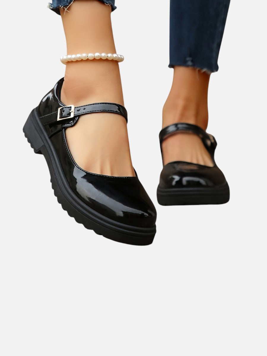 Women's Glossy Leather Look Mary Jane Loafers – Comfort Style in Black | Invictora.com