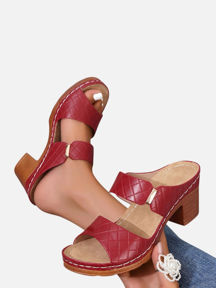 Women's Comfort Block Heel Sandals – Quilted Leather Look in Wine Red | Invictora.com