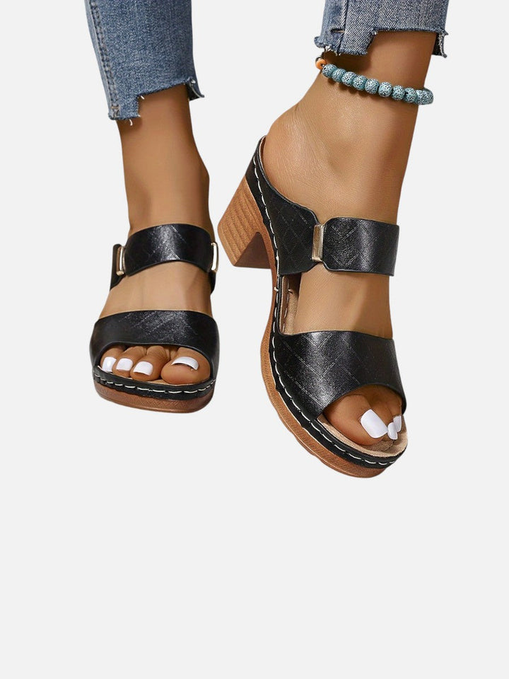 Women's Comfort Block Heel Sandals – Quilted Leather Look in Brown | Invictora.com