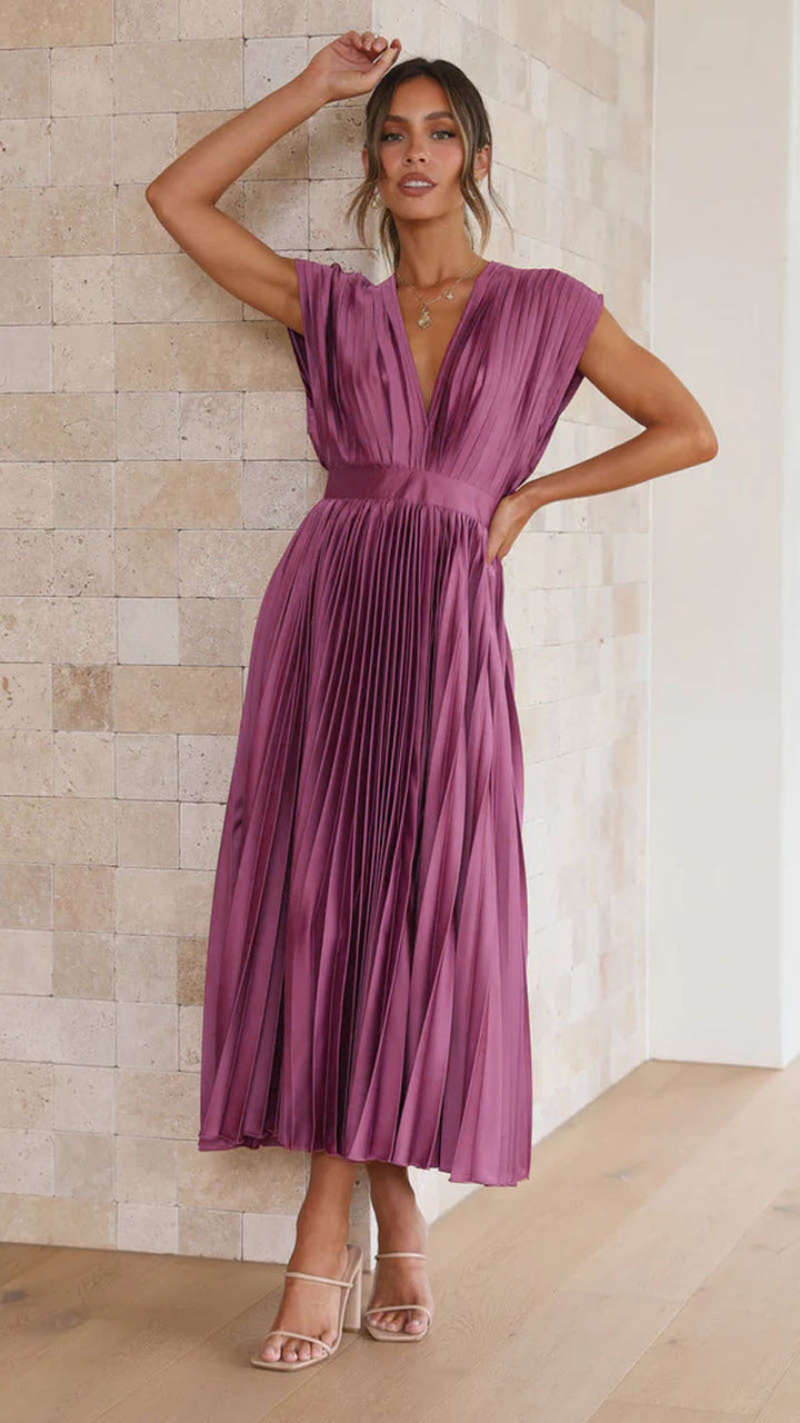 Women's Midi Dress – V-Neck Pleated Party