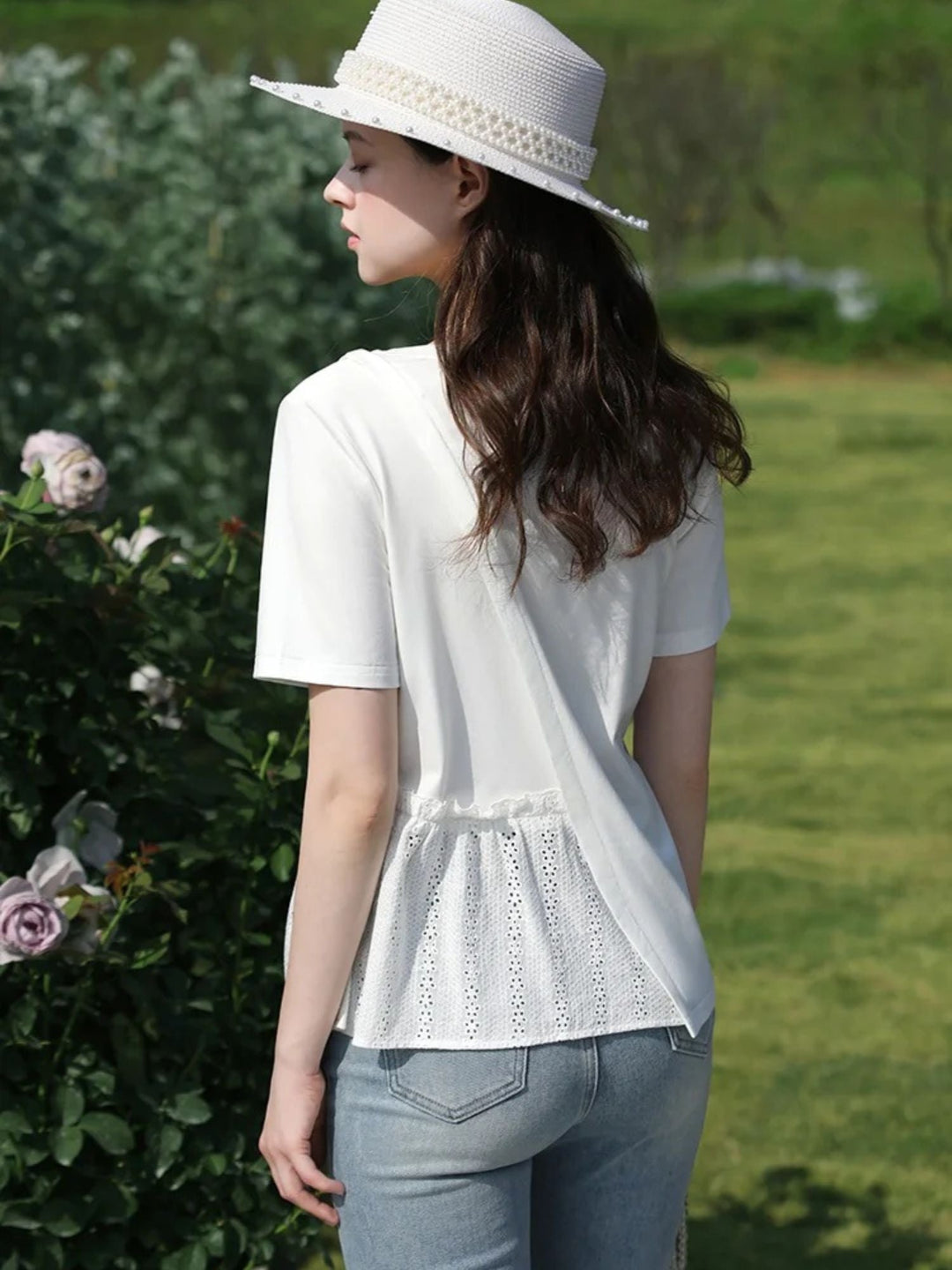 Women's Pleated T-Shirt with Eyelet Details in White | Invictora.com