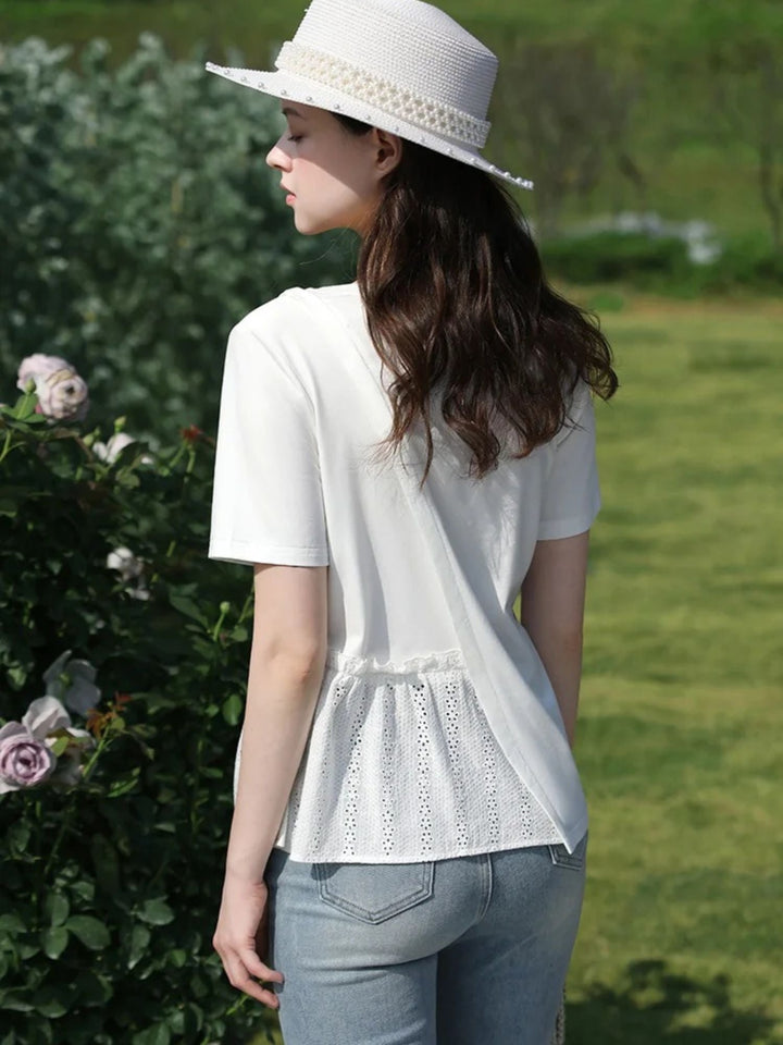 Women's Pleated T-Shirt with Eyelet Details in White | Invictora.com