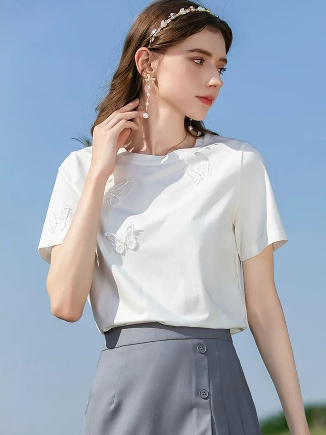 Women's Summer T-Shirt with Butterfly Embroidery in Pink | Invictora.com