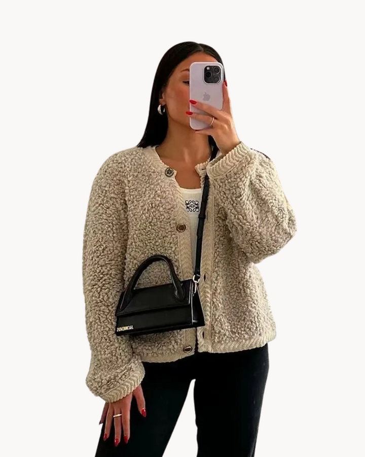 Women's Waist-Length Round-Neck Cardigan with Retro Buttons