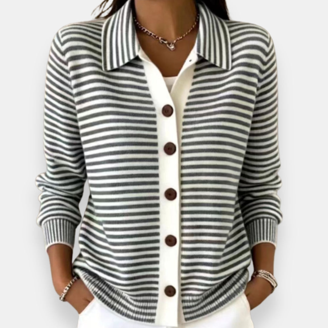 Women's Collared Stripe Knit Button-Up Cardigan