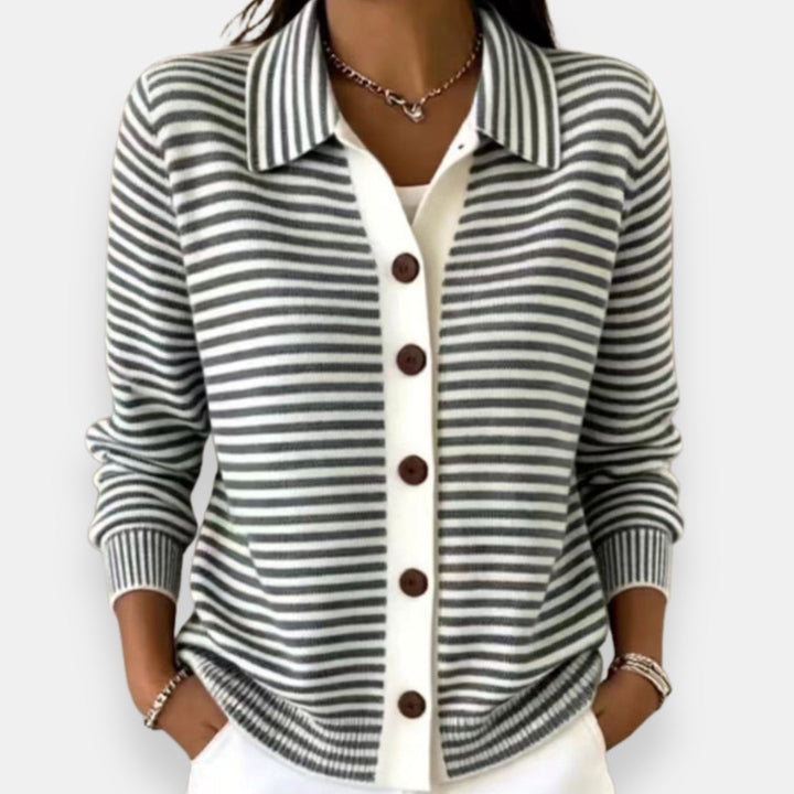 Women's Collared Stripe Knit Button-Up Cardigan
