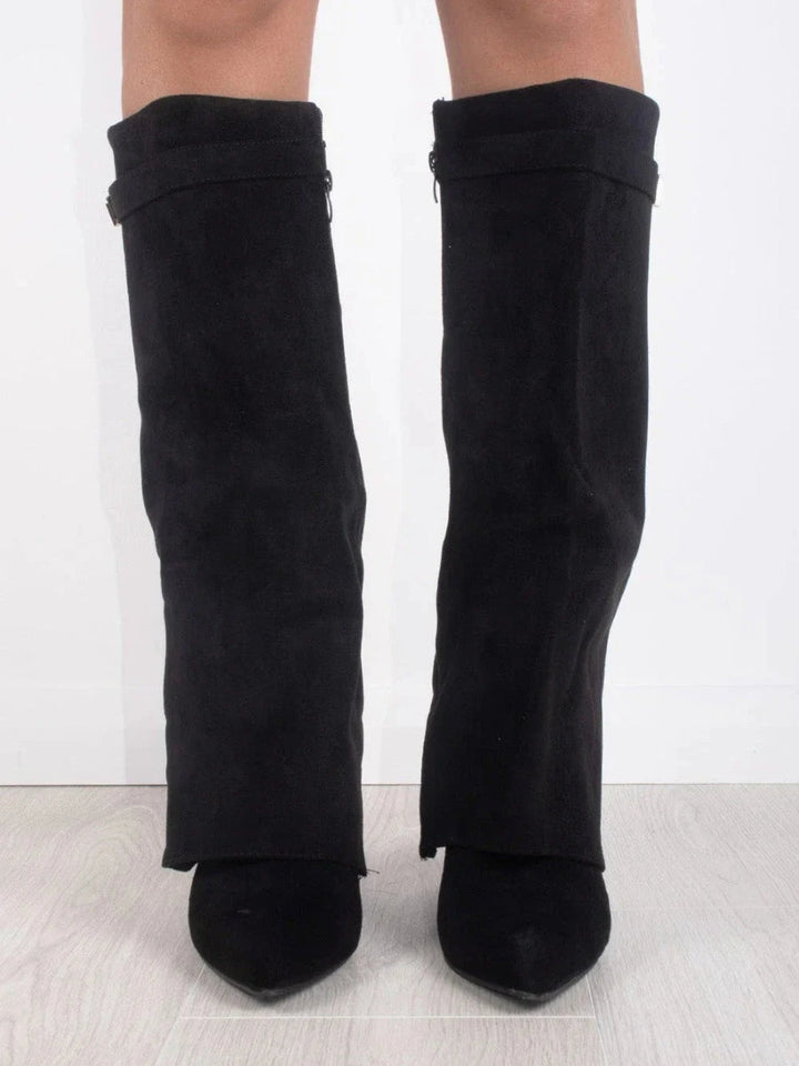 Women's Suede Fold-Over Boots – Golden Detail in Black | Invictora.com