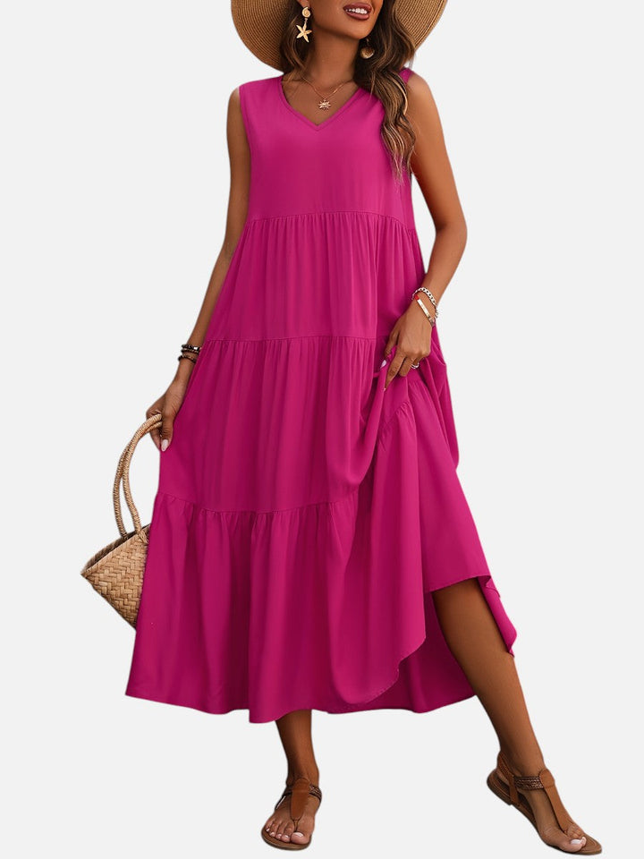Women's V-Neck Tiered Maxi Dress – Effortless Summer Elegance in Orange | Invictora.com