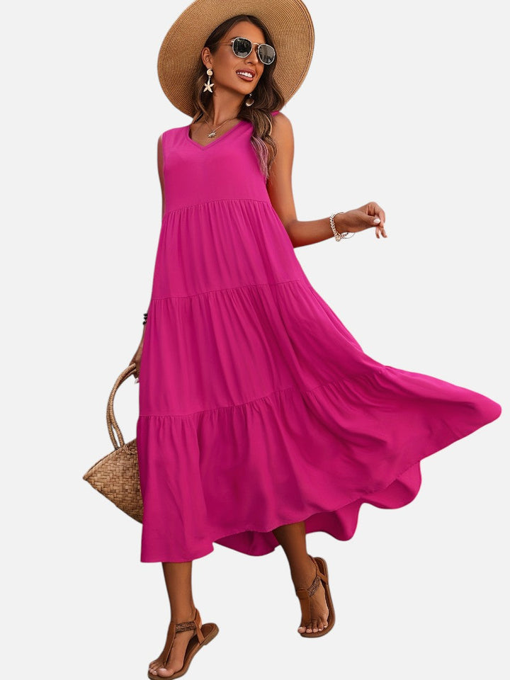 Women's V-Neck Tiered Maxi Dress – Effortless Summer Elegance in Red | Invictora.com