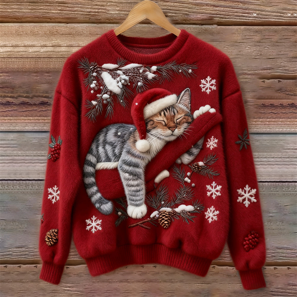 Women's Jumper – Festive Cat Print Crew Neck Christmas