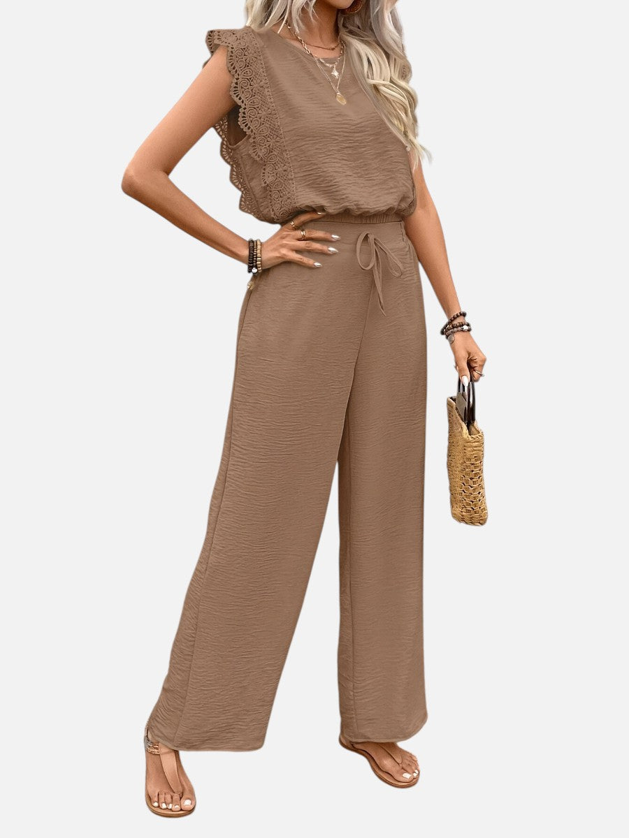 Women's Two Piece Outfit Set – Relaxed Top & Wide Leg Trousers in Khaki | Invictora.com