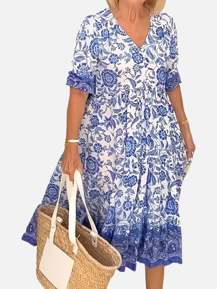 Women's Floral V-Neck Midi Dress - Relaxed Summer Elegance product image | Invictora.com