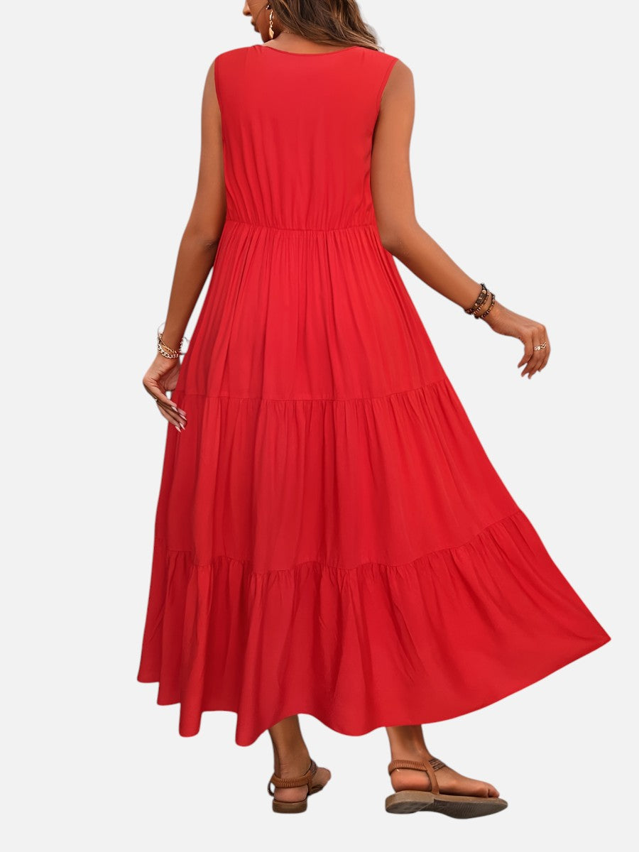 Women's V-Neck Tiered Maxi Dress – Effortless Summer Elegance in Red | Invictora.com