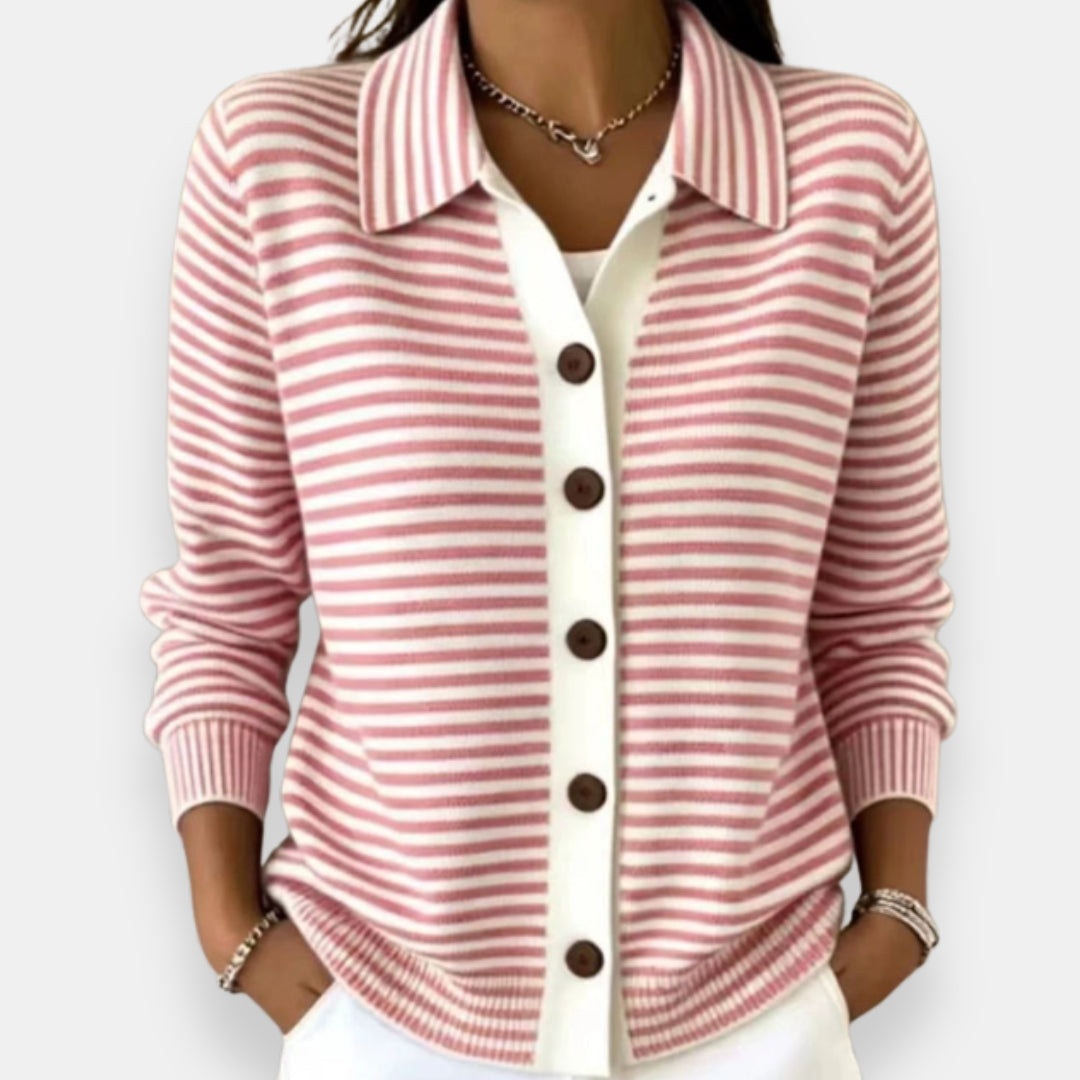 Women's Collared Stripe Knit Button-Up Cardigan