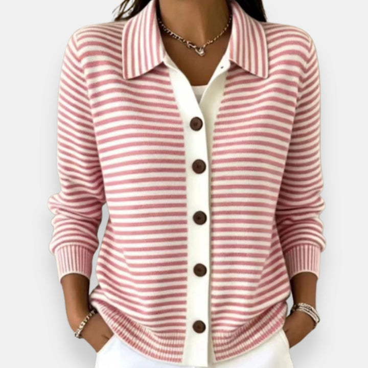 Women's Collared Stripe Knit Button-Up Cardigan