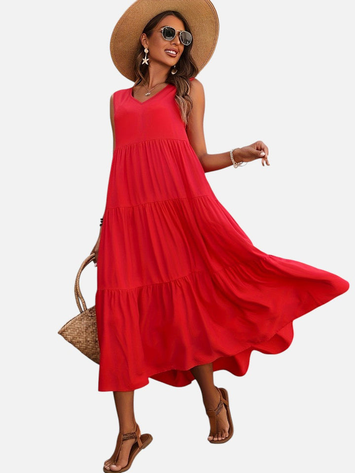 Women's V-Neck Tiered Maxi Dress – Effortless Summer Elegance in Black | Invictora.com