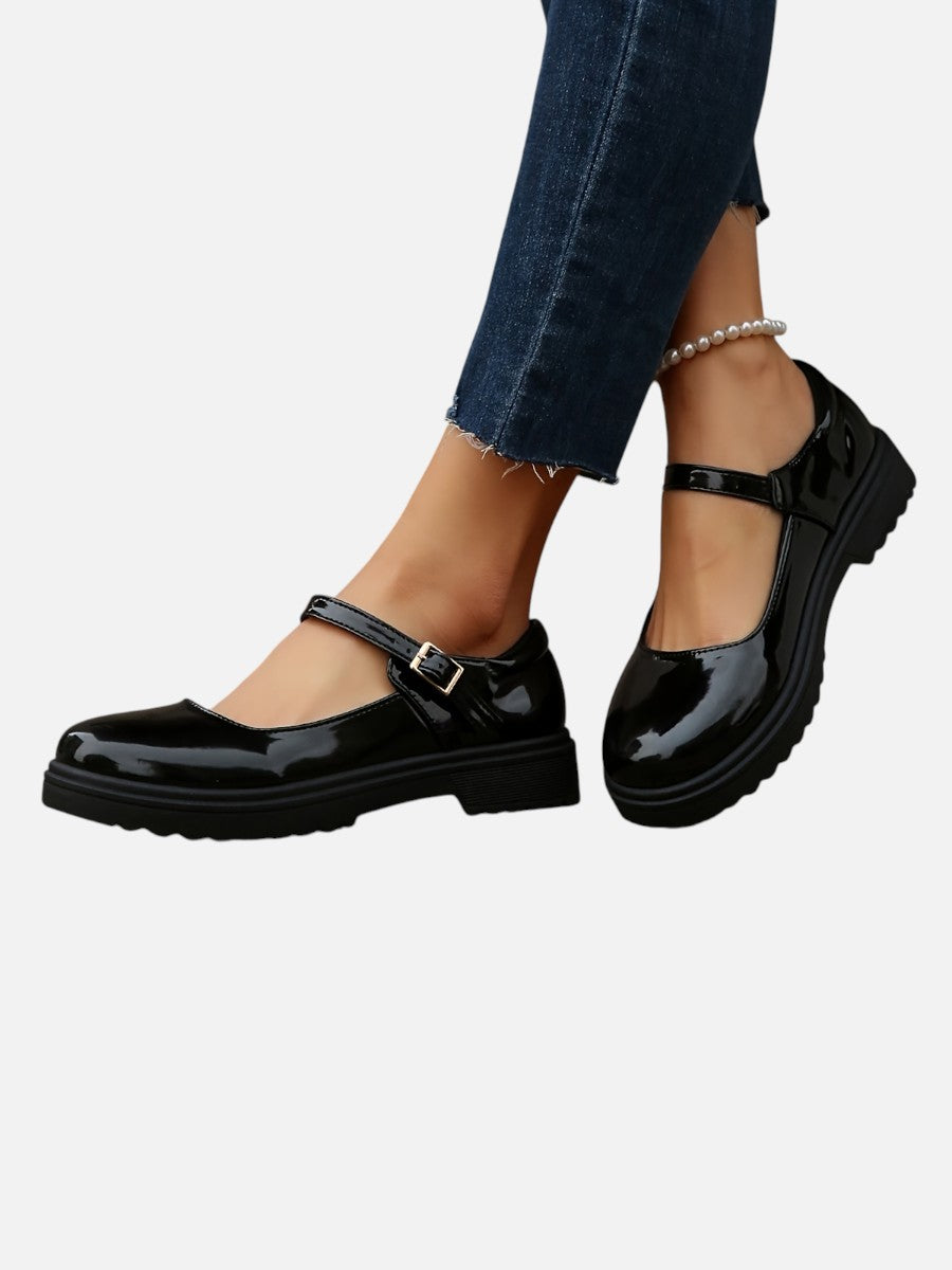 Women's Glossy Leather Look Mary Jane Loafers – Comfort Style in Black | Invictora.com