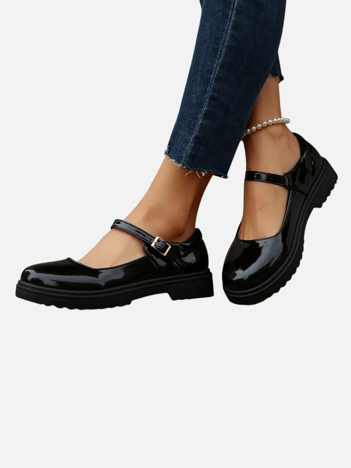 Women's Glossy Leather Look Mary Jane Loafers – Comfort Style in Black | Invictora.com