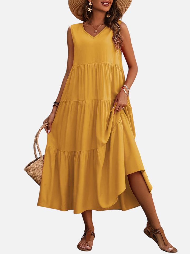 Women's V-Neck Tiered Maxi Dress – Effortless Summer Elegance in Yellow | Invictora.com