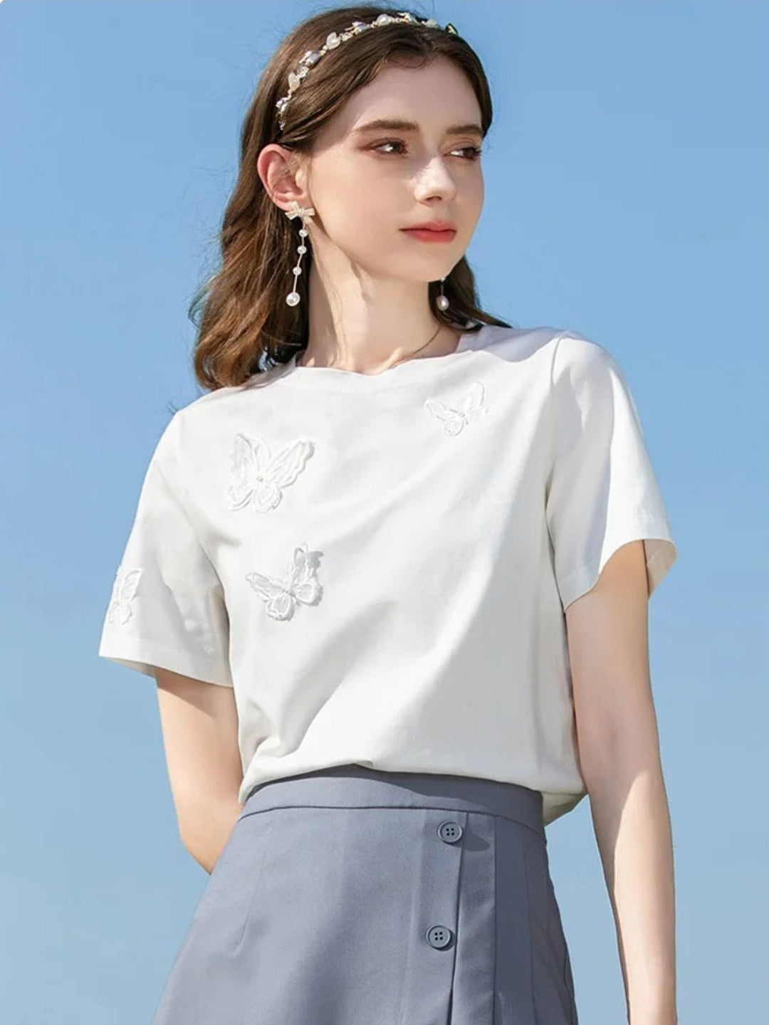 Women's Summer T-Shirt with Butterfly Embroidery in White | Invictora.com